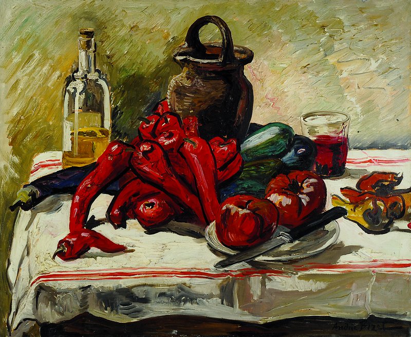 Andrée Bizet, 1888-1970, Stillleben mit Tomaten und Paprika, Öl/Lwd, rechts unten signiert, ca. 60x73,5cm