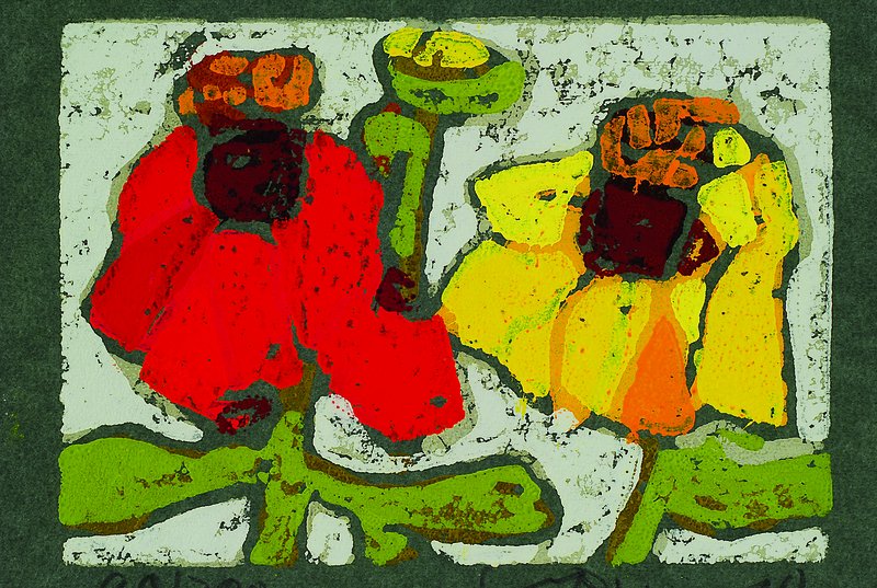 Klaus Fussmann, geb. 1938 Velbert, Farblinolschnitt, Zinnien, 2010, signiert und nummeriert 90/200, Blattgr. ca. 14.5x19 cm
