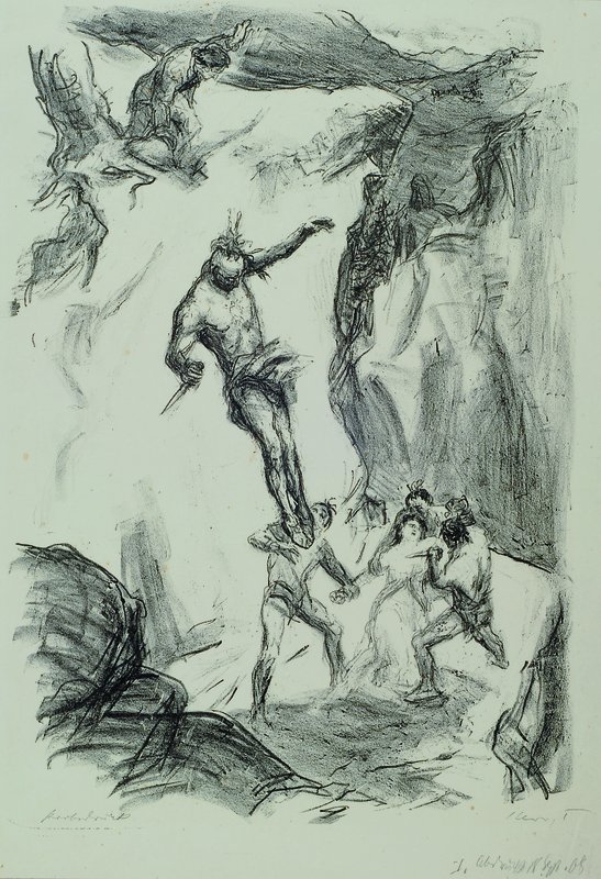 Max Slevogt, 1868 Landshut-1923 Neukastel, Unkas springt herab um Cora zu retten, Lithographie von 1908, bez. Probedruck und: 1. Abzug 18. Sept. 08, ...