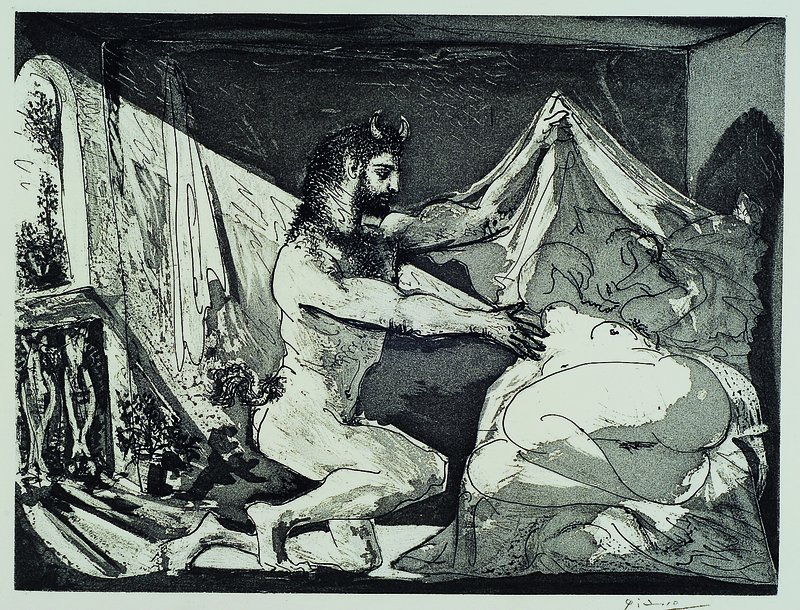 Pablo Picasso, 1881-1973, Lithographie aus der Suite Vollard, Faune devoilant une Dormeuse, VG Bild-Kunst 1990, ca. 27x36cm, unter Glas, Rahmen