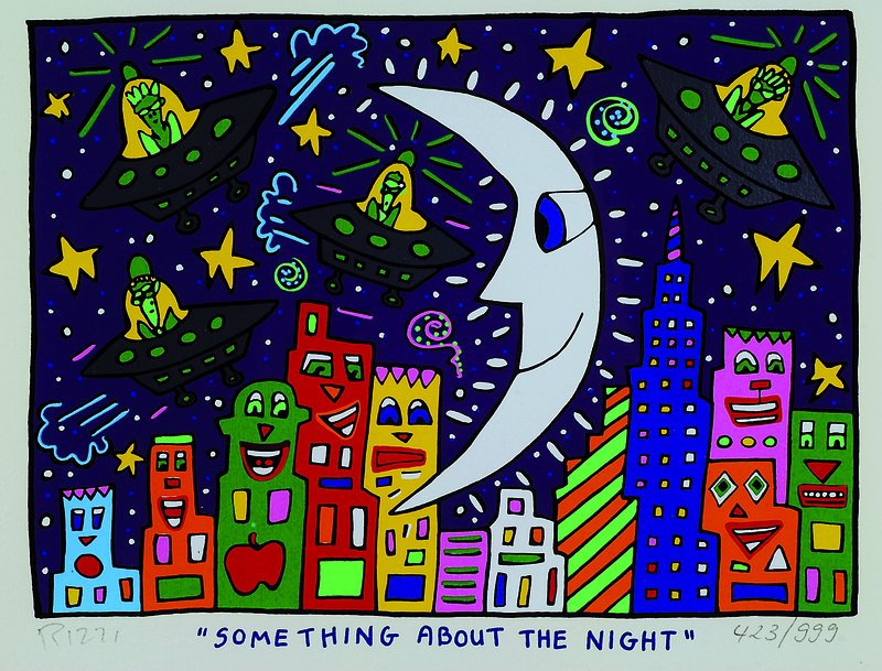 James Rizzi, 1950-2011 New York, Some thing about the night, Farbsiebdruck, handsigniert, num. 423/999, mit Zertifikat, ca. 17x23cm, unter Glas, ...