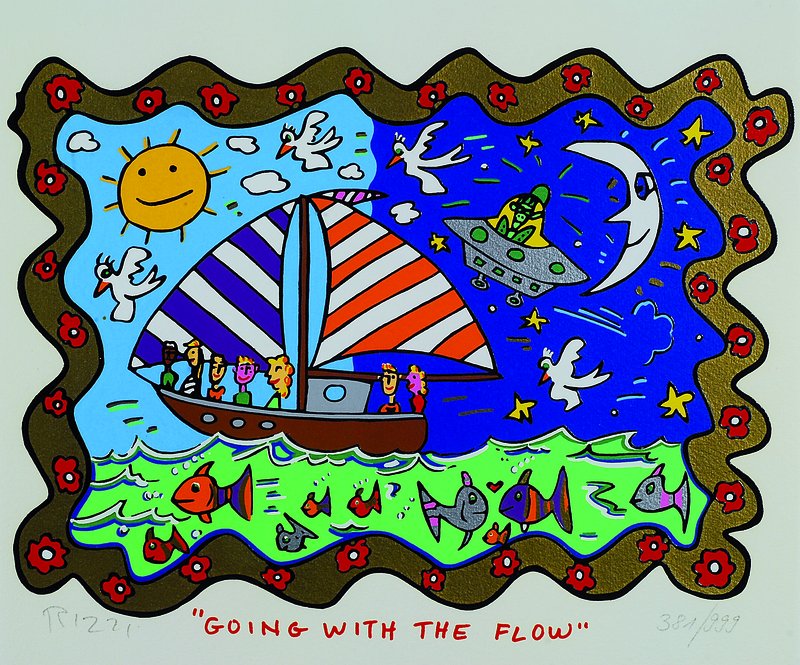 James Rizzi, 1950-2011 New York, Going with the flow, Farbsiebdruck, handsigniert, num. 381/999, mit Zertifikat, ca. 20x27cm, unter Glas, Rahmen