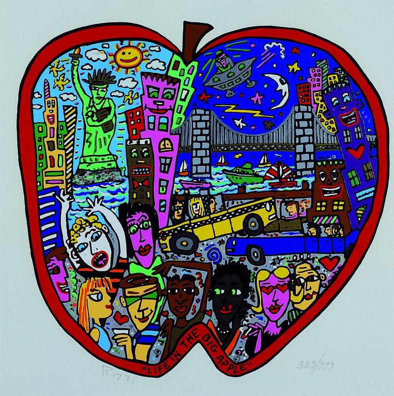 James Rizzi, 1950-2011 New York, Life in the big apple, Farbsiebdruck, handsigniert, num. 389/999, mit Zertifikat, ca. 24x24cm, unter Glas, Rahmen