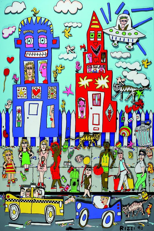 James Rizzi, 1950-2011 New York, belebtes Stadtmotiv bei Tag, Siebdruck auf Leinwand, darauf 3D-Holzfiguren magnetisch befestigt, Elemente vielseitig ...