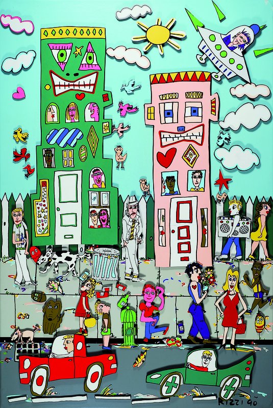 James Rizzi, 1950-2011 New York, belebtes Stadtmotiv bei Tag, Siebdruck auf Leinwand, darauf 3D-Holzfiguren magnetisch befestigt, Elemente vielseitig ...