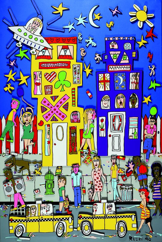 James Rizzi, 1950-2011 New York, belebtes Stadtmotiv bei Nacht, Siebdruck auf Leinwand, darauf 3D-Holzfiguren magnetisch befestigt, Elemente ...