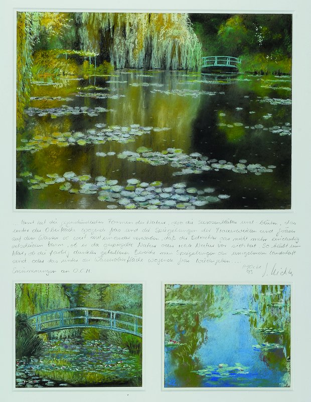 Gunther Richter, geb. 1949, Teichbilder - Erinnerung an Monet, drei Pastelle, unter einem Passepartout, dieses beschriftet, handsigniert, Gesamtmass ...