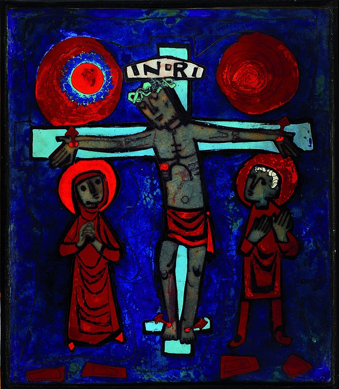Unbekannter Maler, um 1950-60, Maria und Johannes unter dem Kreuz Jesu, Email auf Kupfer, partiell transluzid, teils in Cloisonné-Technik, leicht ...