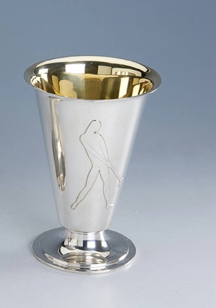 Art-Deco-Vase/Golfpokal, 830er Silber, Meistermarke Just Andersen, Dänemark 1930er Jahre, Kopenhagen, innenvergoldet, H ca. 18 cm, selten, ...