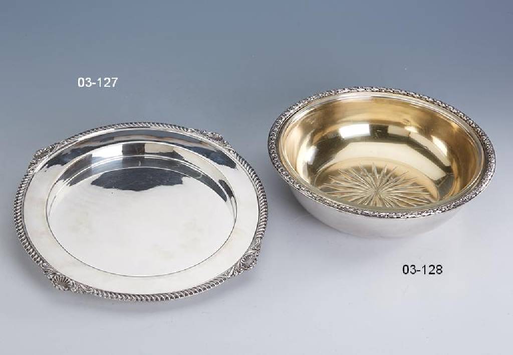 Anbietteller, Sheffield 1904, 925er Silber, Meistermarke Roberts & Belk Ltd., schwere Ausführung ca. 715 g, Kordelband- verzierung, stil. ...