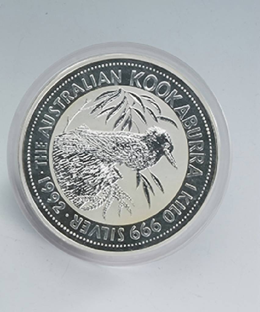 Große Silbermünze, 30 Dollars, Australien, 1992, 1.000 g, Elizabeth II., RV: The australian Kookaburra, 1 Kilo, 999 Silver, in Münzkapsel
