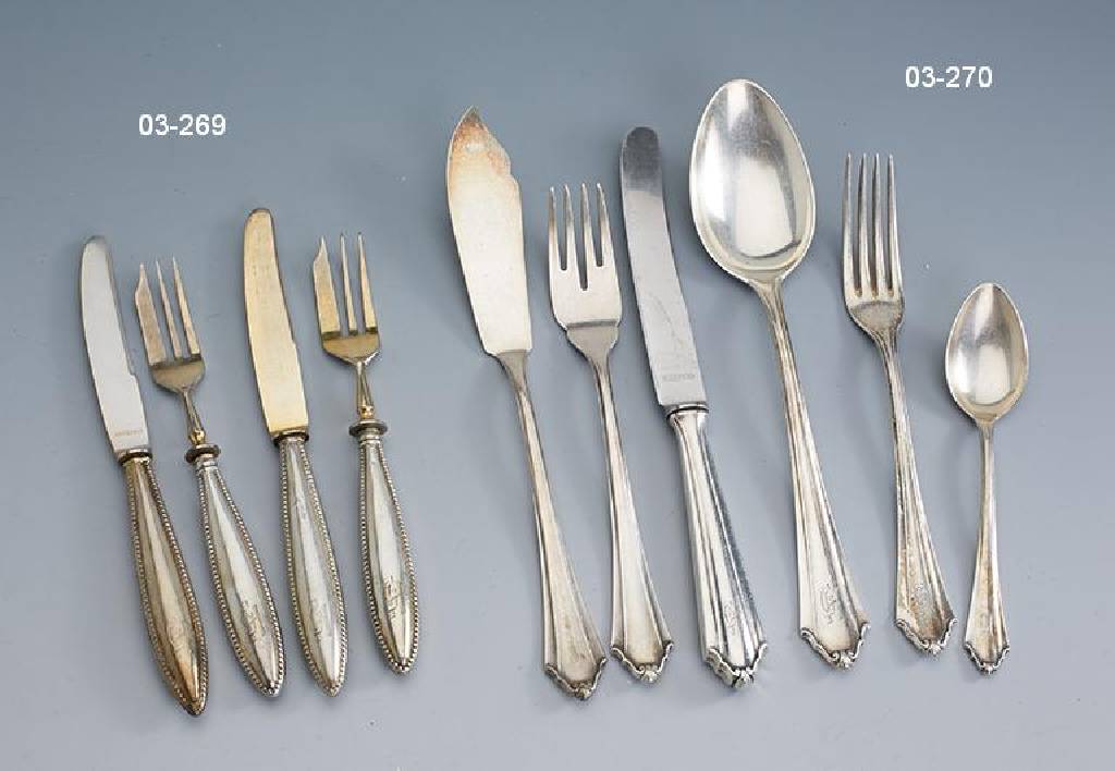 Besteck für 6 Personen, BSF, 800er Silber, best aus: 6 Menügabeln, 6 Menülöffel, 6 Menümesser (Griffe gefüllt, Klingen Stahl), 6 Fischgabeln, ...