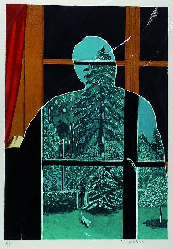 Bruno Mathon, zeitgen. frz. Künstler, Figur vor dem Fenster, Farblithographie, handsigniert und num. 104/275, ca. 53.5x44 cm