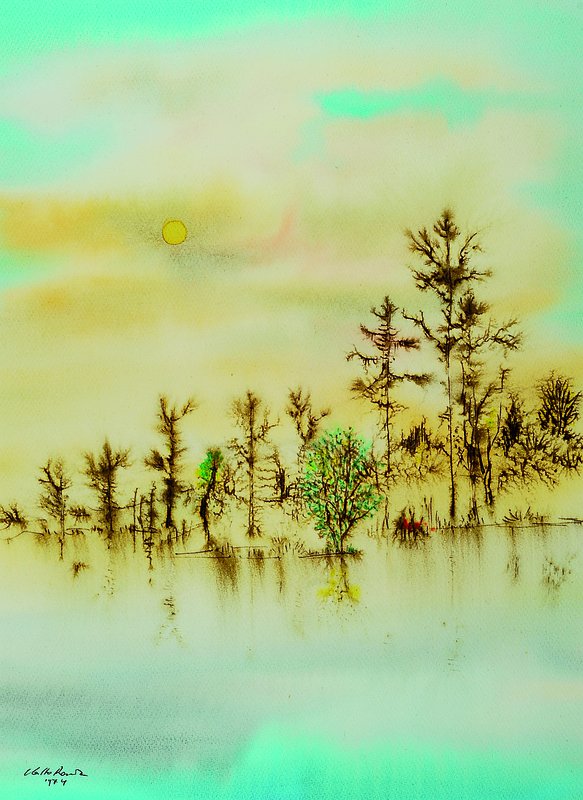 Caspar Walter Rauh, 1912-1983, Landschaft, Aquarell und Tuschfeder auf Papier, links unten signiert und datiert 74, ca. 57x42cm, unter Glas, Rahmen