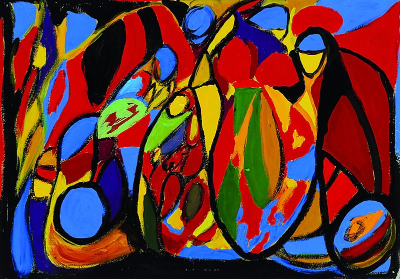 Heiner Malkowsky, 1920 Rosenberg-1988 Hannover, abstrakt-figurale Komposition, Öl/Malkarton, unsigniert, rückseitig Atelierstempel, ca. 29.5x42 cm