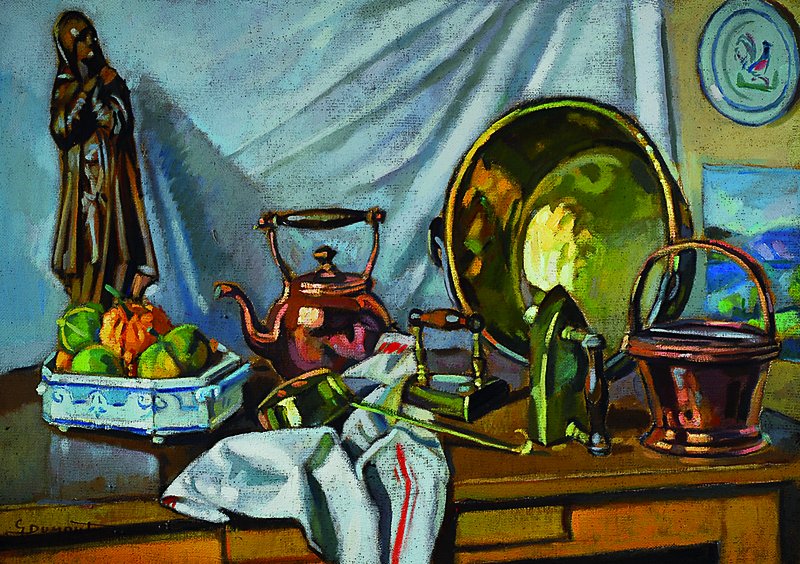 G. Dumont, belgischer Maler, Stillleben mit Madonna, Obst und Kupfergeschirr, Öl/grobe Lwd, links unten sign., ca. 65x92cm, Rahmen