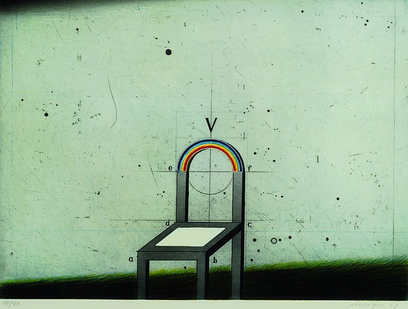 Friedrich Mecksepen, geb. 1936, Farbradierung, "Der Stuhl", num. 97/100, handsigniert und dat. 69, 43.5 x 59 cm, unter Glas, Rahmen