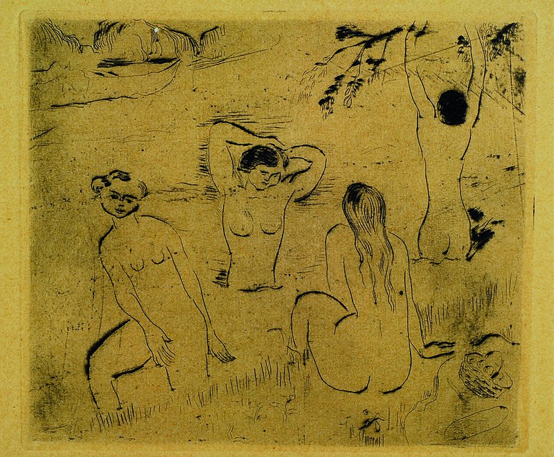 Hans Purrmann, 1880 Speyer - 1966, Sommer, vier badende Frauen, Kaltnadelradierung von 1918, re. u. mit Bleistift handsigniert, altersbedingt ...