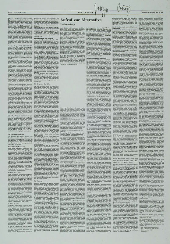 Joseph Beuys, 1921-1996, "Aufruf zur Alternative", Siebdruck, 1979, Siebdruckreproduktion d. Zeitungsartikel der "Frankfurter ...