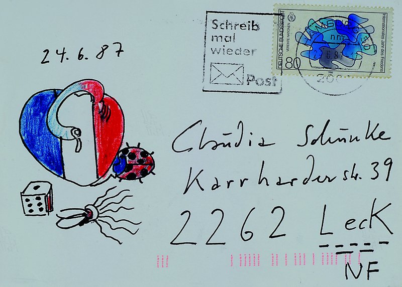 Horst Janssen, 1929-1995, handgeschriebene Postkarte mit original Holzfarbstift- Zeichnung, 1987, an Claudia Schunke, Provenienz: aus der Sammlung ...