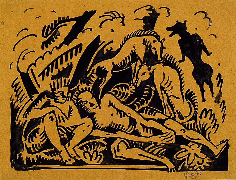 Bela Kadar, 1877-1956, Tuschpinselzeichnung auf bräunlichem Papier, handsigniert, PP, Motiv ca. 17,5x23 cm, gesamt ca. 27x40 cm