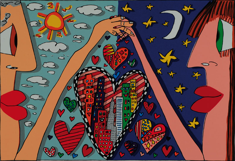 James Rizzi, 1950-2011, "Love is in the Air", original Farblithographie von 1989 auf Bütten, handsigniert, Motiv ca. 27.5x38.5 cm, ...