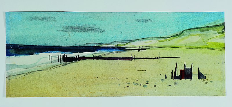 Otto Wilhelm Eglau, 1917-1988, Aquarell, Buhnen am Sylter Strand, Papier, signiert und dat. 58, 18.5 x 48.5 cm