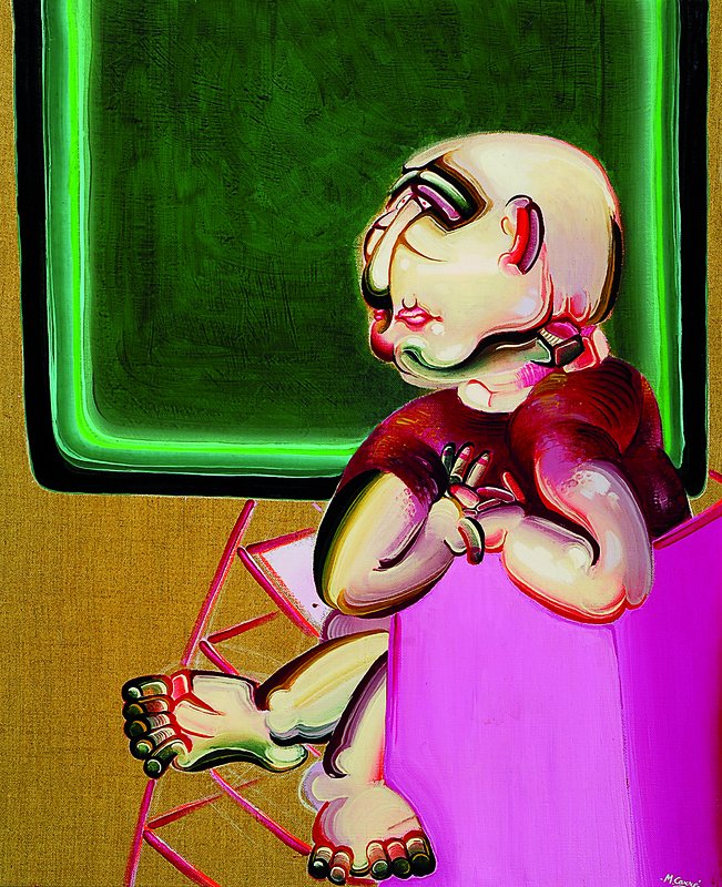 Michel Carré, geb. 1950, zwei Gemälde, sitzende Person, Öl/Lwd., signiert, 45 x 55 cm