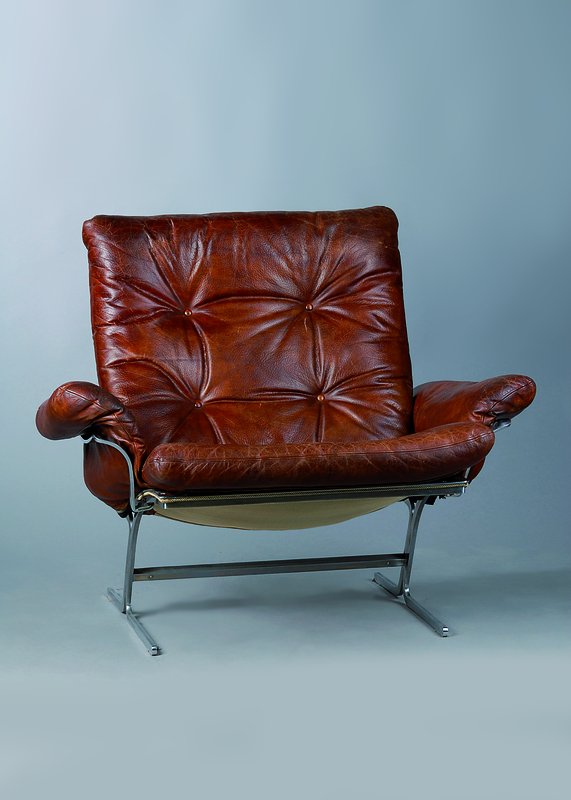 Designersessel, Anfang 60er Jahre, Gestell Edelstahl, Konstruktion verschraubt, mit Leder bezogene Schaumgummipolsterung (erneuert), orig. Leder ...