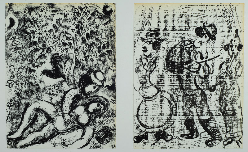Marc Chagall, 1887-1985, zwei Lithographien, "Liebespaar", "Clown", WZV Mourlot Nr. 394 und 397, je ca. 32x24 cm, Rahmen
