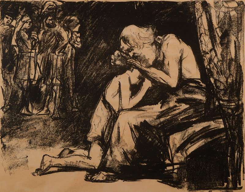Lesser Ury, Birnbaum 1861-1931 Berlin, Jakob segnet Benjamin, Lithographie, gebräunt, um 1920, re. u. signiert, Alters- spuren, unter Glas, Rahmen, ...