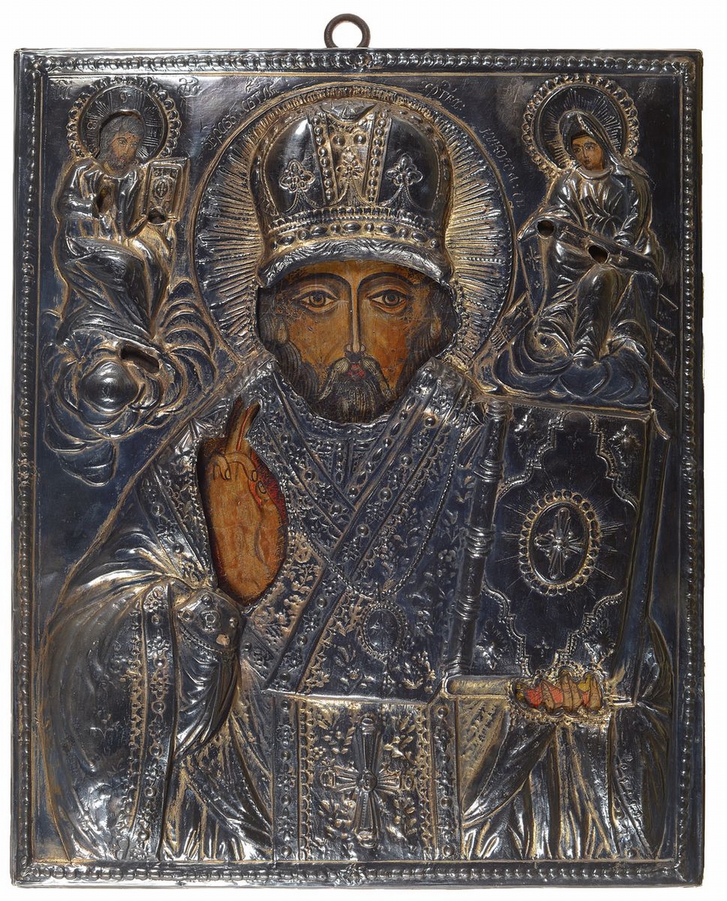 Ikone, wohl Polen/Moldawien, um 1840-50, Heiligendarstellung, vergoldetes Oklad, 84er Silber, ca. 34x27cm