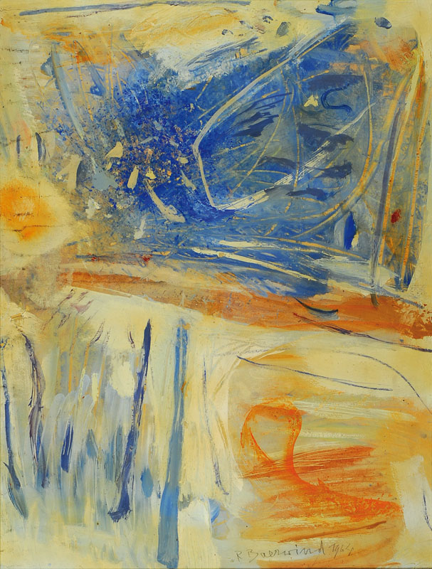 Rudi Baerwind, 1910 Mannheim - 1982, abstr. Komposition, Mischtechnik auf Malkarton, re. u. signiert und datiert 1964, ca. 51 x 69 cm, Rahmen
