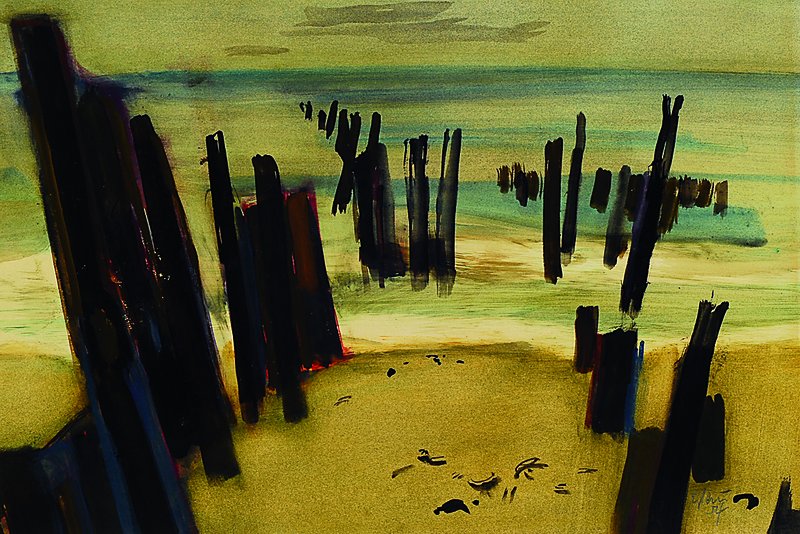 Otto Wilhelm Eglau, 1917-1988, 2 Aquarelle auf einem Karton, Buhnen am Sylter Strand, signiert und dat. 54, andere Seite fröhliches Strandleben mit ...