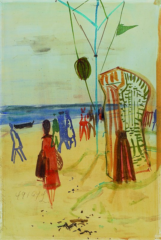 Detail a: Otto Wilhelm Eglau, 1917-1988, 2 Aquarelle auf einem Karton, Buhnen am Sylter Strand, signiert und dat. 54, andere Seite fröhliches Strandleben mit ...