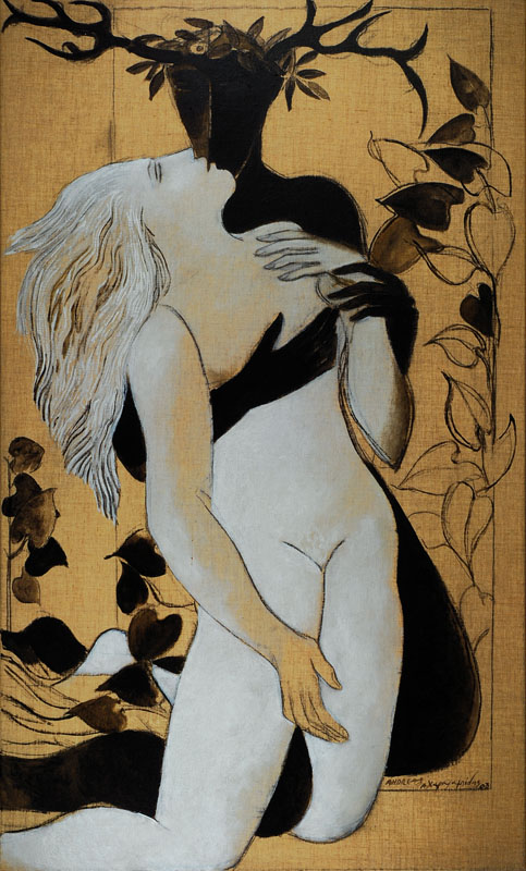 Andreas Charalambides, geb. 1939, "Actaeon´s dream 2", Öl auf unbehandelter Leinwand, unten rechts, handsigniert, datiert 03, rückseitig ...