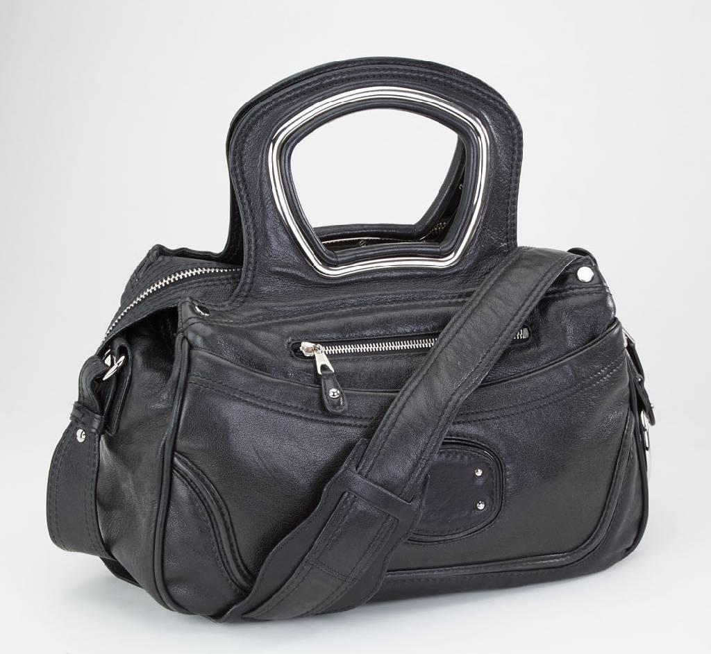 Handtasche BALENCIAGA, schwarzes Nappaleder, 2 große Tragegriffe mit verchromten Einlagen, Fronttasche mit kl. Spiegel (herausnehmbar), kl. ...