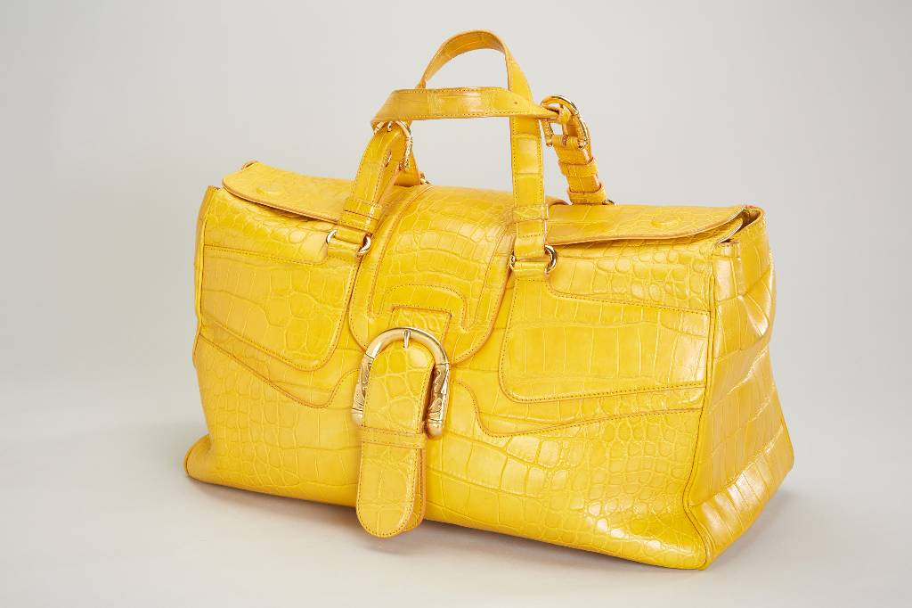ESCADA Limited Edition Krokohandtasche, gelbes Alligatorleder, sehr geräumig, 3 Einschubtaschen, 1 davon mit Reißverschluß, beigefarb. ...