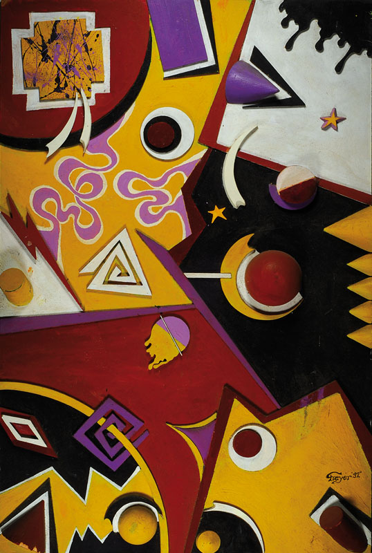 Achim Freyer, 1934 Berlin, ansässig in Berlin, Reliefbild, abstrakter Kosmos, handbemalt, Holz, signiert und datiert 92, 113 x 76 cm, l. besch.