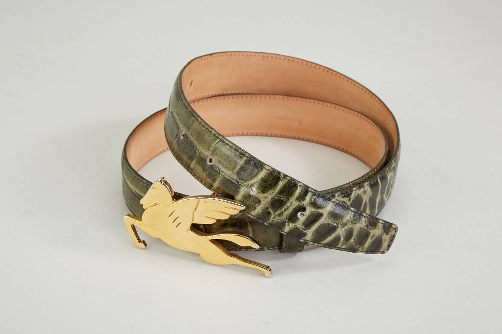 ETRO-Gürtel, grünes Leder in Kroko-Optik, Etro-Schließe: Pegasus vergoldet, Gr. 85, B. ca. 3 cm