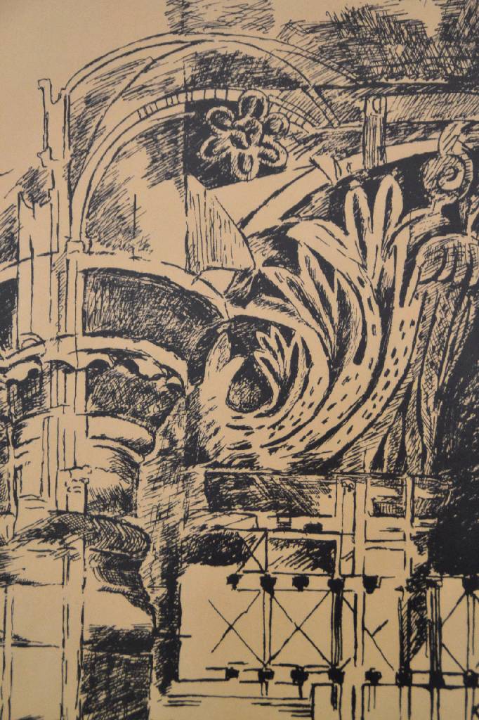 Detail d: Unbekannter Künstler, Lithographie, betitelt "Fragmente einer Architektur IV, Dom zu Speyer", handsigniert und datiert 76, ca. 62x45,5 cm, ...