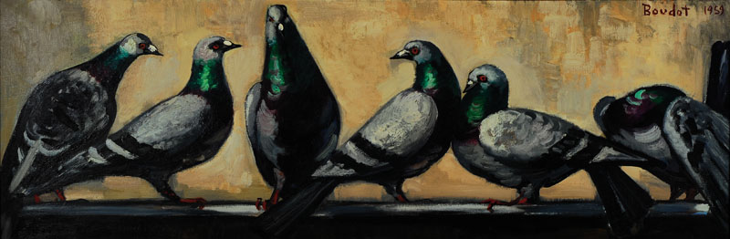 Paul Boudot, 1915-1982 Paris, Pigeons de Paris, so rückseitig betitelt, Öl/Lwd, links oben signiert und datiert 1959, ca. 42x124cm, Rahmen