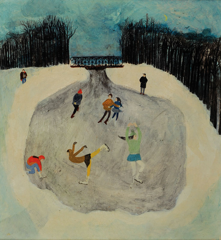 Unbekannter naiver Künstler aus der Zeit um 1970, Eiskunstläufer, Öl/Hartfaser, unsigniert, ca. 52x47cm, Rahmen