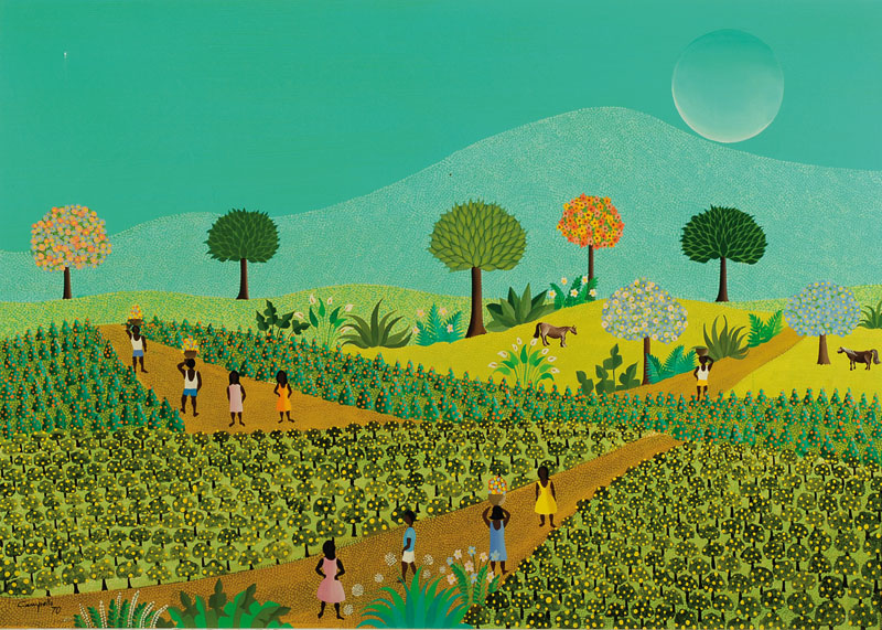 Mario Campello, 1941 - 2000, naiver Künstler aus Sao Paulo/Brasilien, Ernteszene mit mythologischer Bedeutung, der Mond, der hinter den Bergen ...