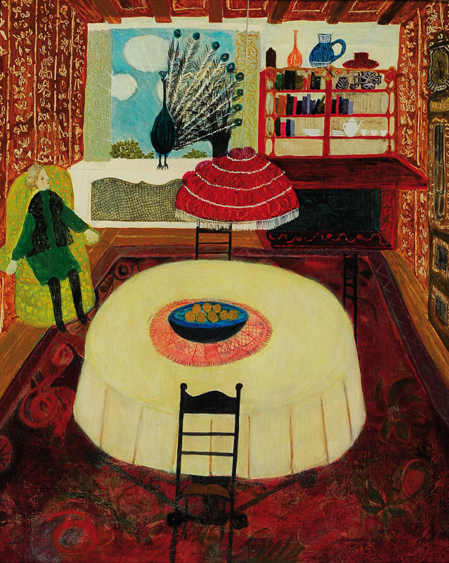 Naiver Künstler um 1970, Großmutter im Sessel im Wohnzimmer, auf dem Fensterbrett ein Pfau, Öl/Platte, unsigniert, ca. 43x35.5cm, Rahmen