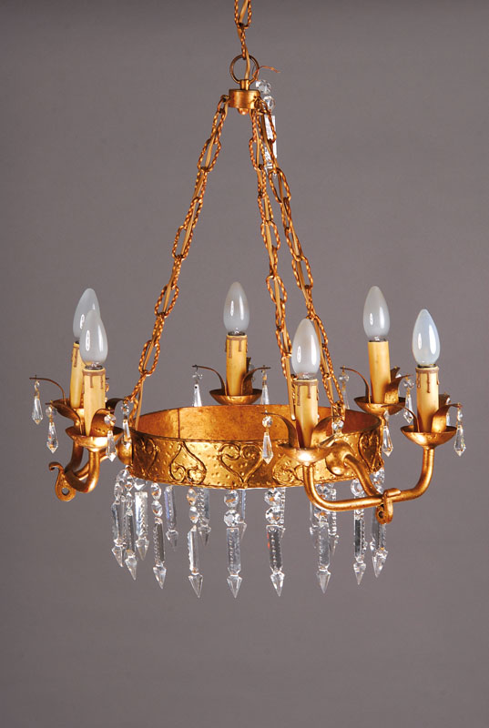 Deckenlampe, deutsch, 30er Jahre, Eisen patiniert, sechs Brennstellen, Glasgehänge, H. 60 cm, D. 60 cm, Elektr. nicht geprüft