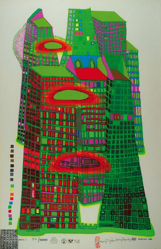 Friedensreich Hundertwasser, 1928-2000, Good Morning City, Farbserigraphie mit Metallprägungen, handsigniert und nummeriert 1846/10.000, datiert 7. ...