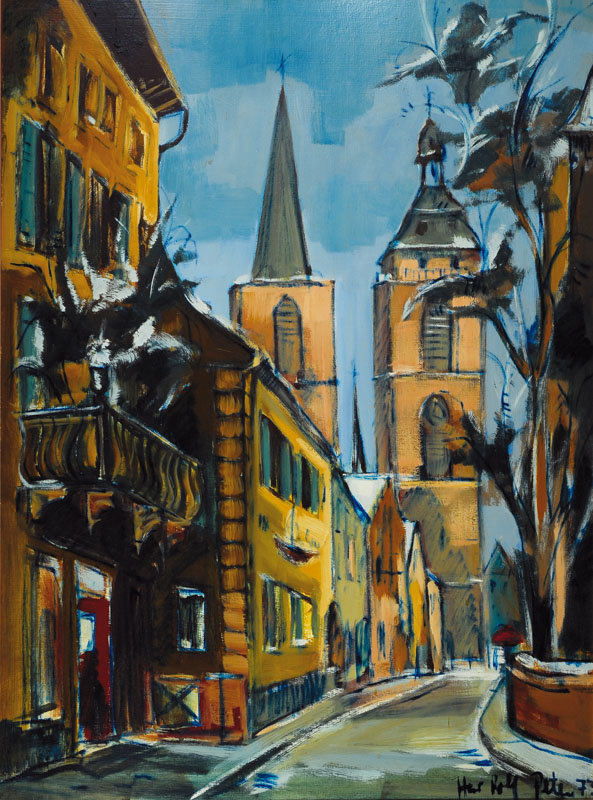 Hans-Rolf Peter, geb. 1926 Neustadt/Weinstr. , Öl/Malkarton, Ansicht der Stiftskirche in Neustadt, signiert und datiert 73, rückseitig ...
