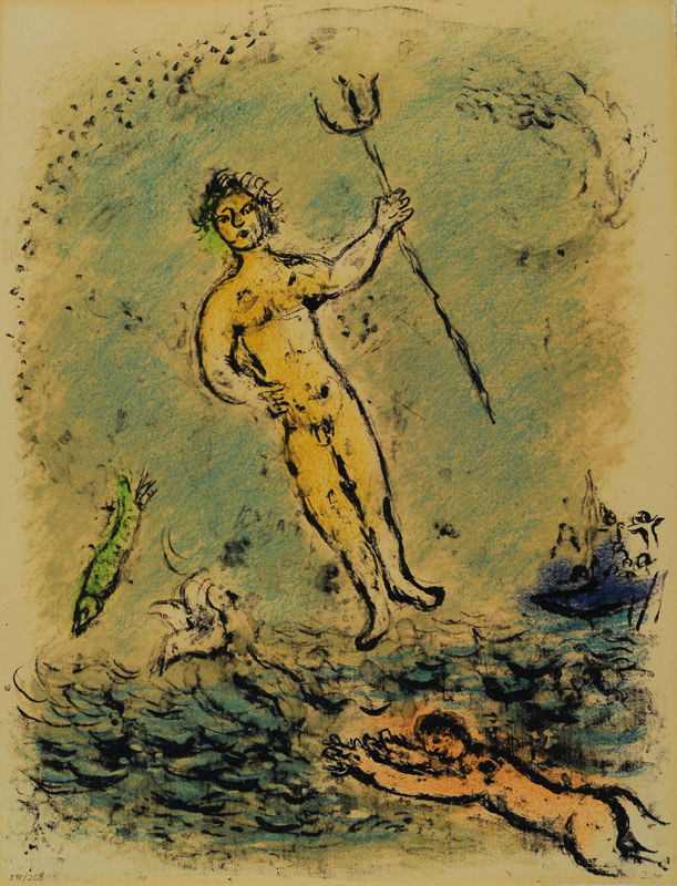 Marc Chagall, 1887-1985, Poseidon, Farblithographie aus der Serie Odyssee 1974- 75, num. 238/250, leicht gebräunt, ca. 42x32cm, unter Glas, Rahmen