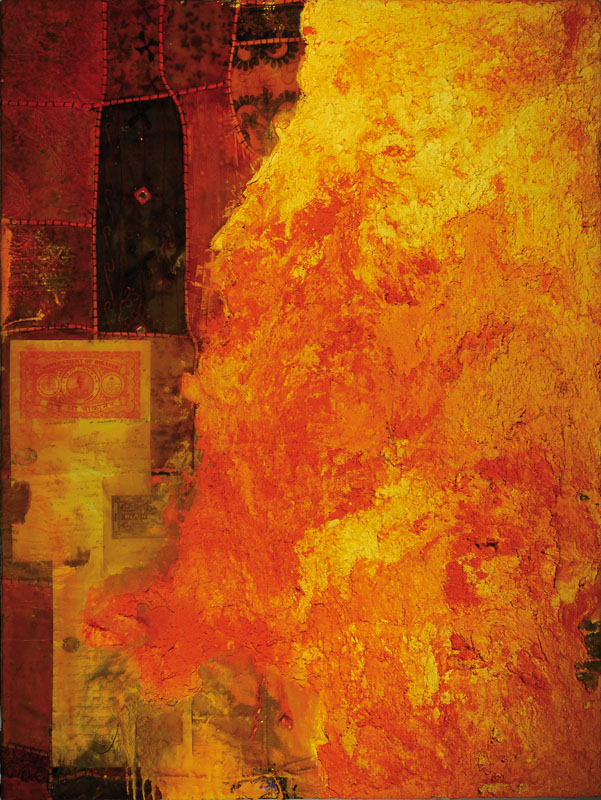 Günther Edlinger, geb. 1958 Salzburg, Zyklus Indien, Serie aus sechs großformatigen Arbeiten von 2005, typische indische Wandbehänge, Stoff mit ...
